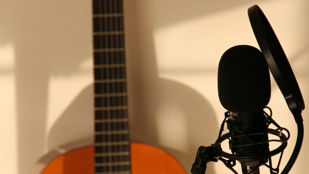 Micro de home studio derrière un filtre anti-pop