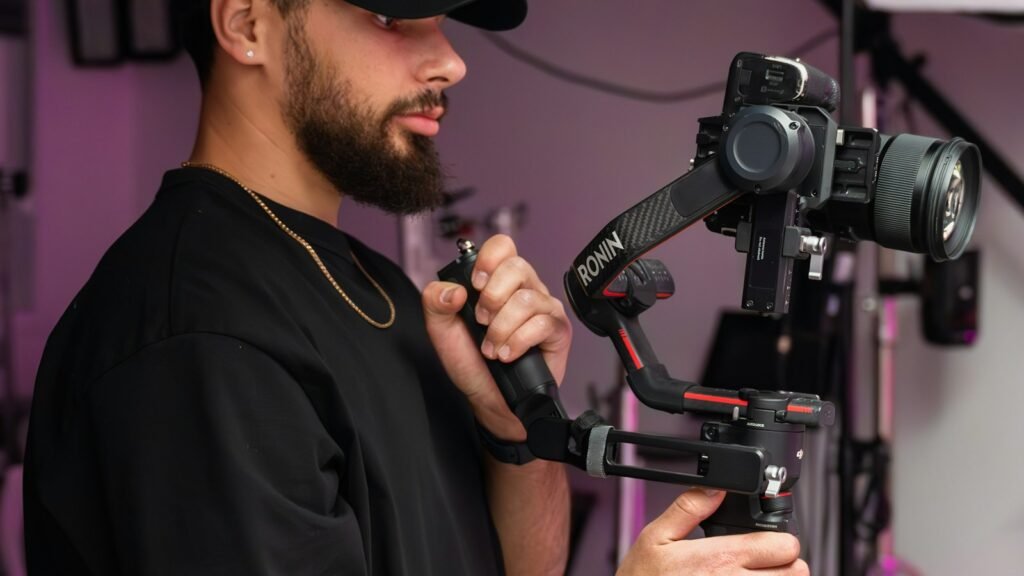 Vidéaste filmant avec une caméra sur stabilisateur en studio