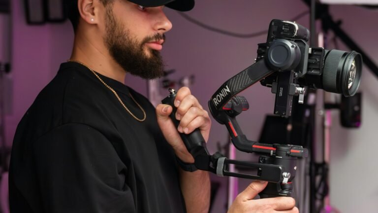 Vidéaste filmant avec une caméra sur stabilisateur en studio